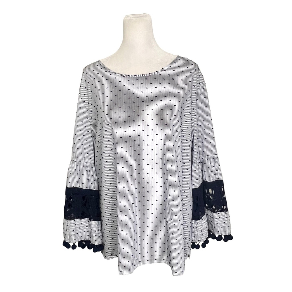 Pale Sky Blue Striped Swiss Dot Bell Sleeve Boho Blouse Size XL